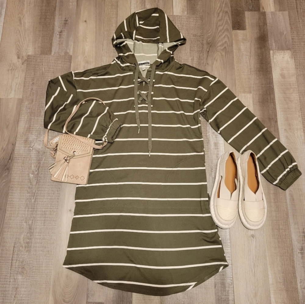 ALLISON BRITTNEY Sage Color Striped Hoody Dress with Pockets Size S